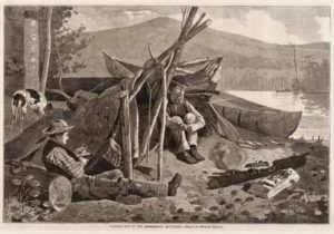 Communing with nature: Camping Out in the Adirondacks, 1874. Wood engraving by Winslow Homer